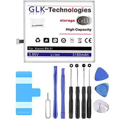 Envío rápido. GLK-Technologies® - Batería de alto rendimiento con 3180 mAh compatible con Xiaomi Mi A1 Mi 5X Note 5A, batería BN31, incluye herramientas